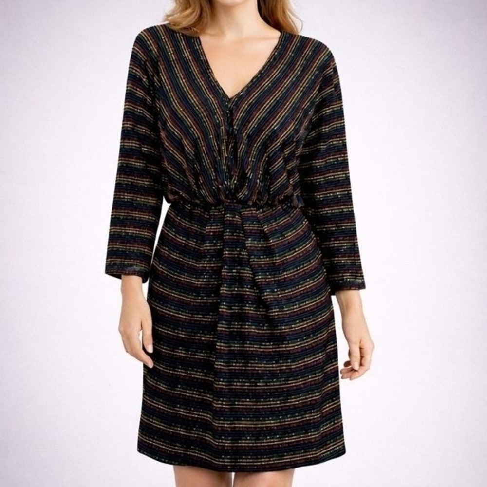 Trina Turk Womens Dress 2 Black Rainbow Sparkle Stripe Faux Wrap Party Festive